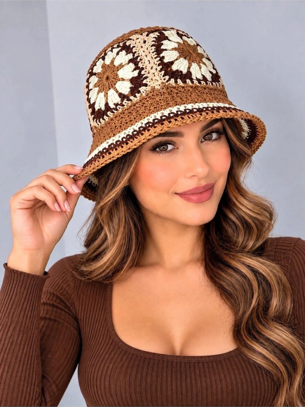 Floral Crochet Bucket Hat in Brown & Cream Like New OS